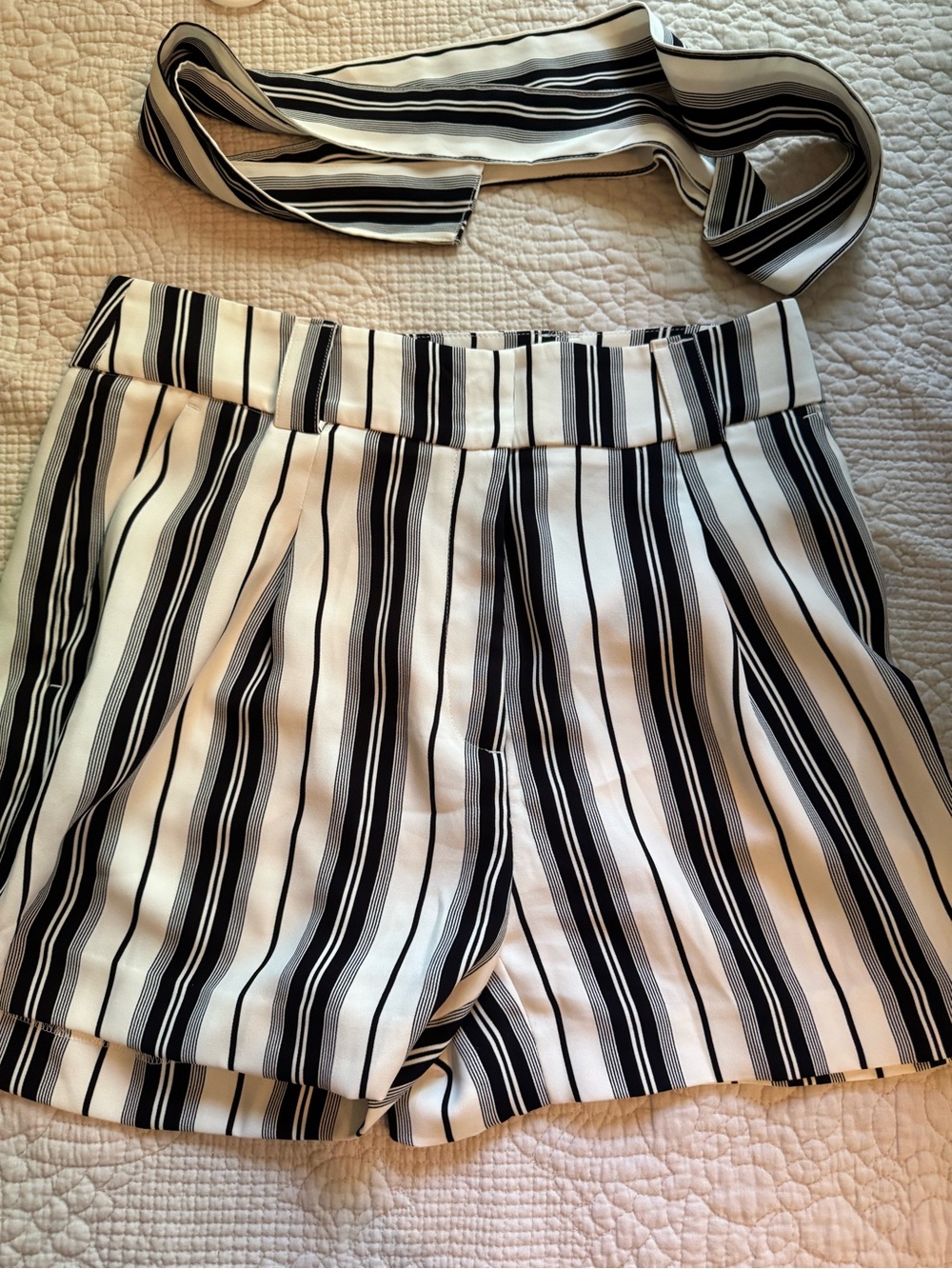 H&M Black & White Striped High-Waist Dressy Shorts with Sash Belt